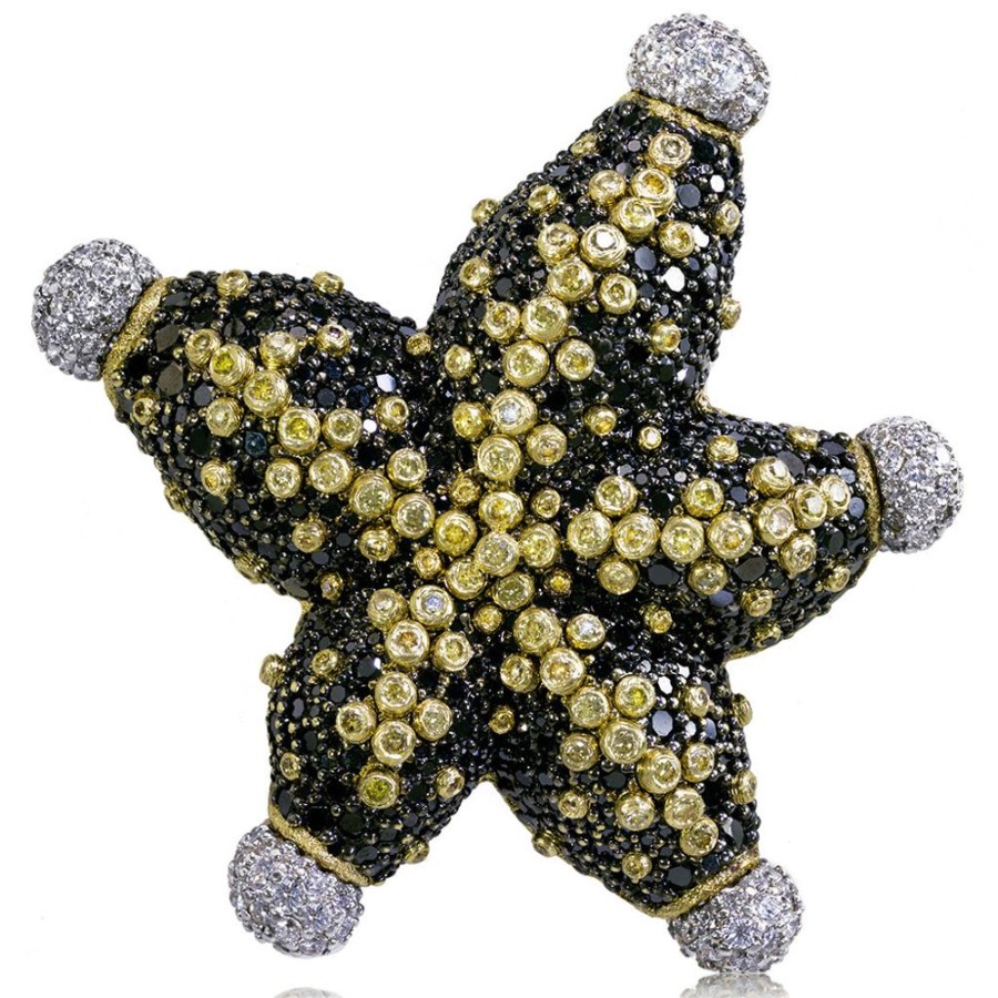 Brooches Alex Soldier | Gold Starfish Brooch With Black Diamonds And Sapphires