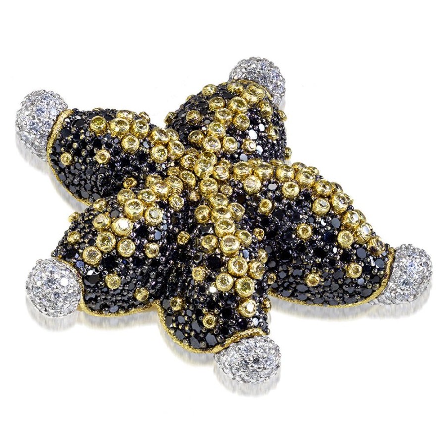 Brooches Alex Soldier | Gold Starfish Brooch With Black Diamonds And Sapphires