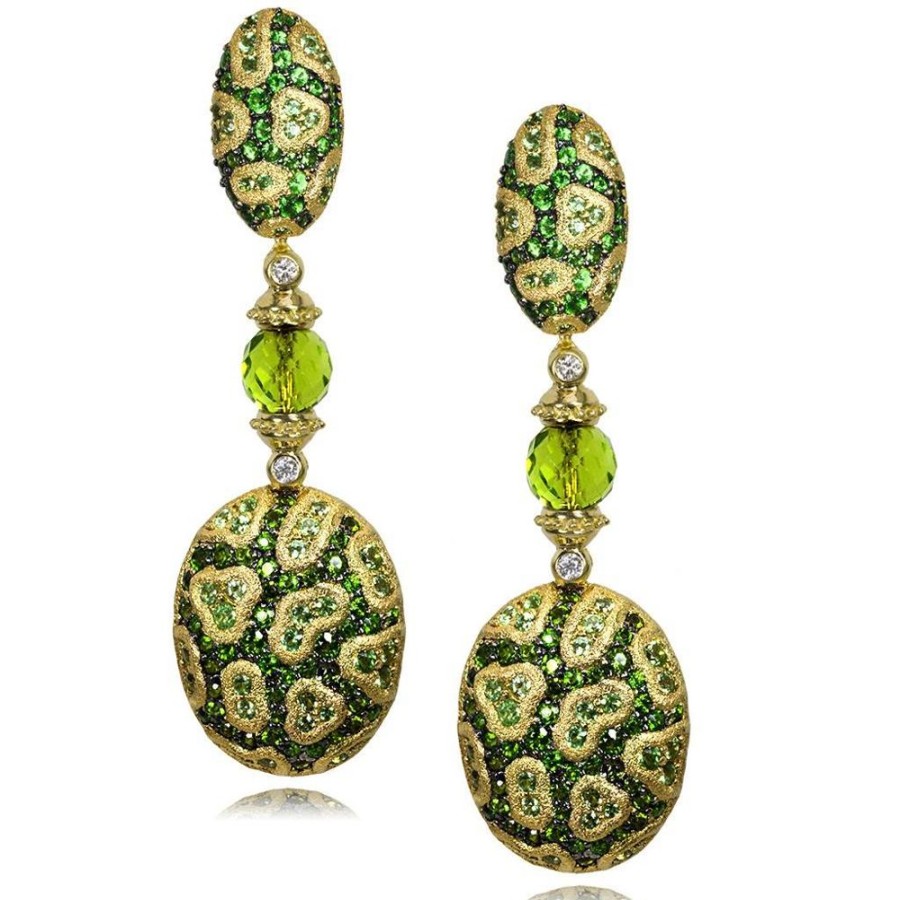 Earrings Alex Soldier | Gold Fine Lace Drop Earrings, Chrome Diopside, Peridot