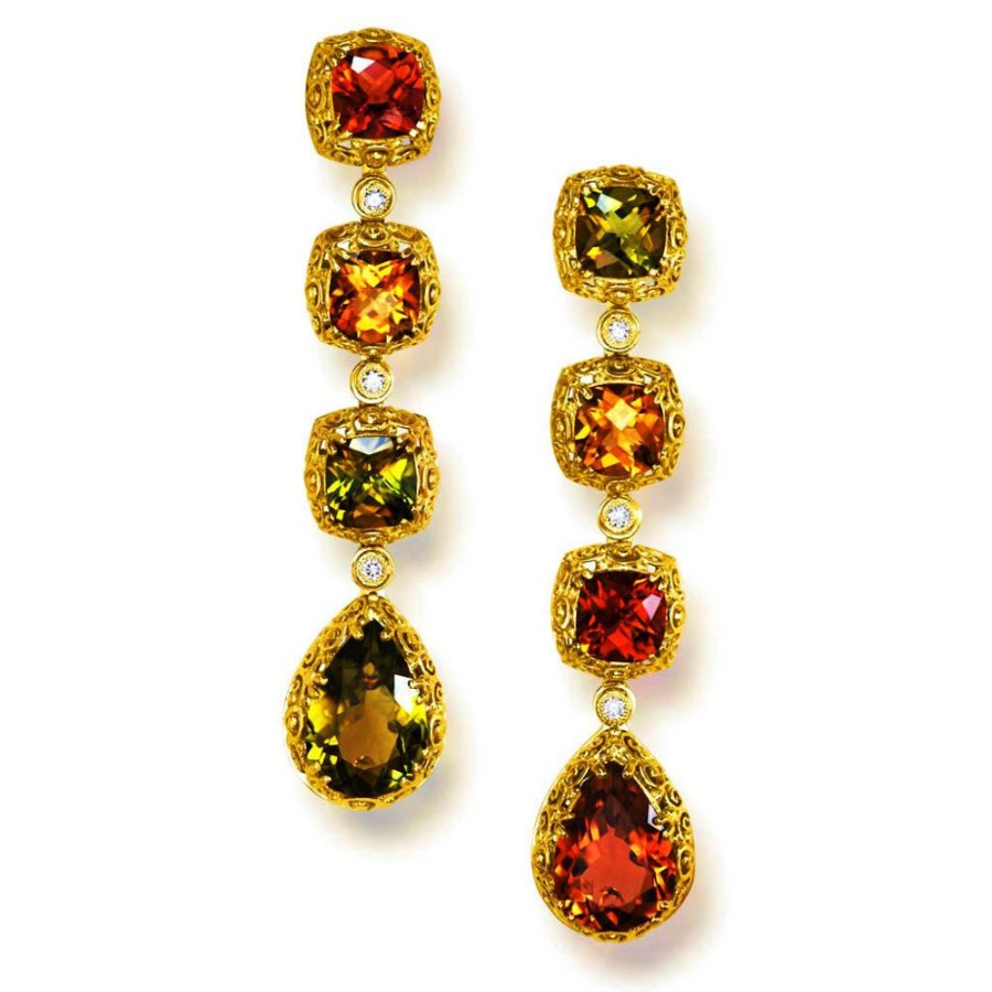 Earrings Alex Soldier | Gold Byzantine Long Drop Earrings With Tourmalines