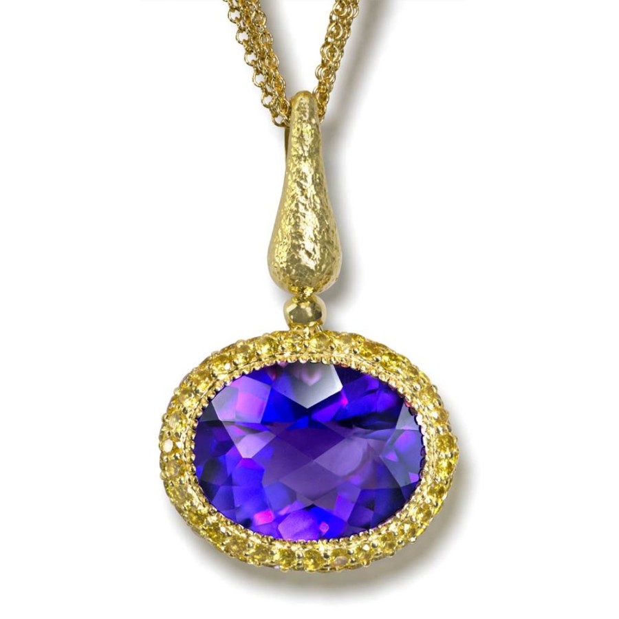 Necklaces Alex Soldier | Gold Cocktail Pendant With Amethyst, Sapphires On Chain