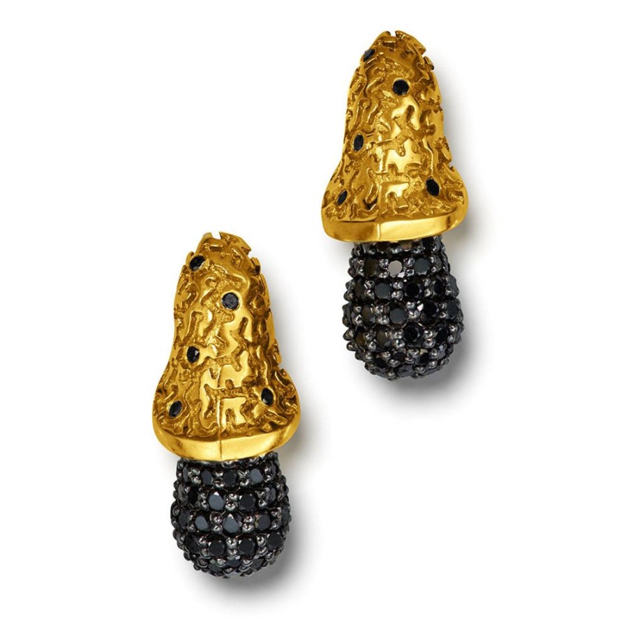 Earrings Alex Soldier | Gold Acorn Stud Earrings With Black Diamonds