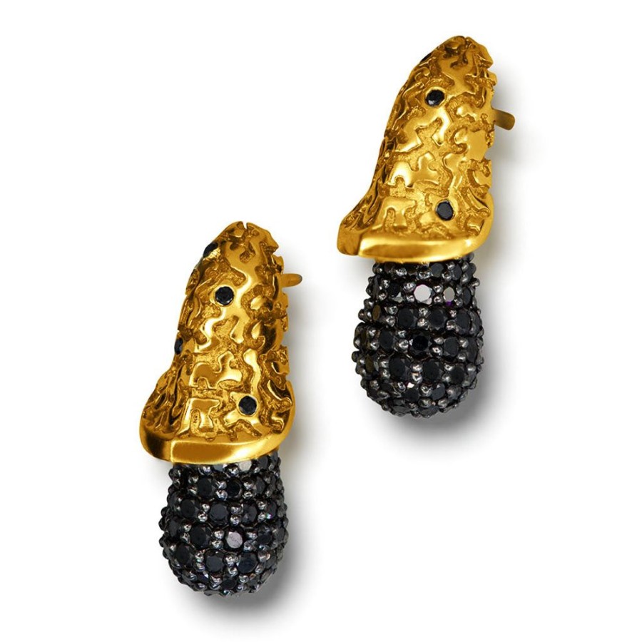 Earrings Alex Soldier | Gold Acorn Stud Earrings With Black Diamonds