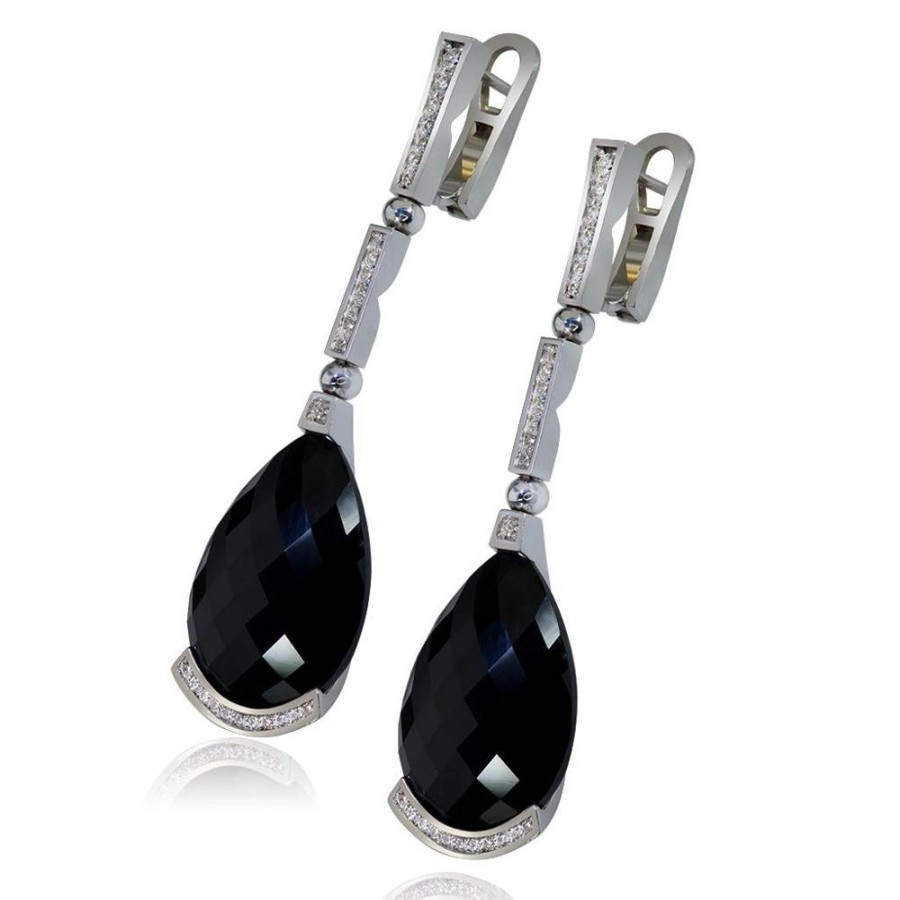 Earrings Alex Soldier | Gold Swan Drop Earrings With Black Onyx & Diamonds