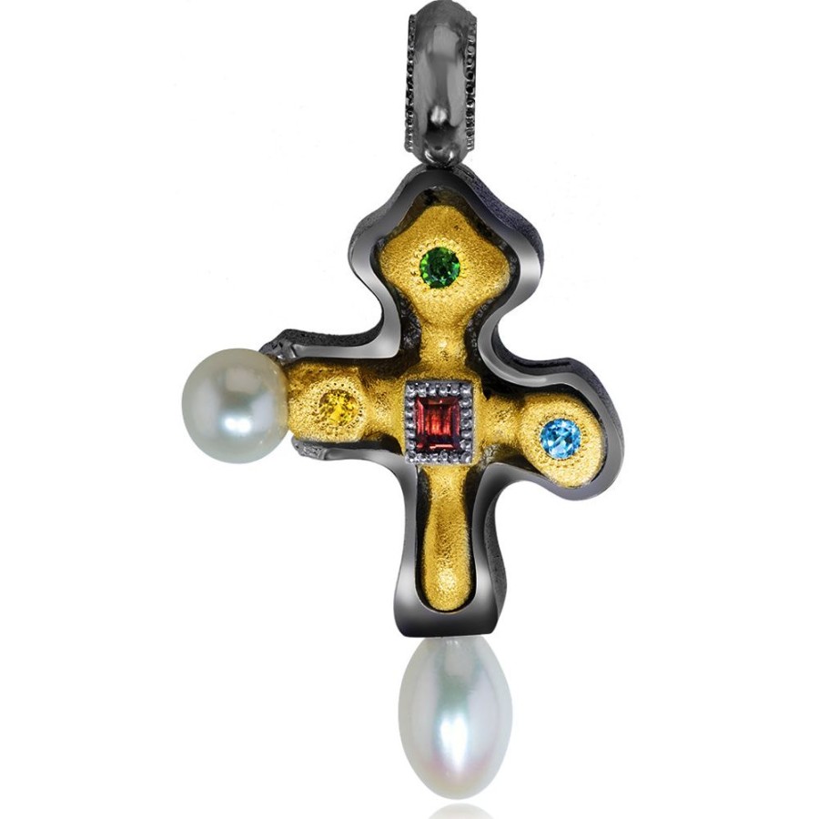 For Men Alex Soldier | Silver Blackened Byzantine Cross With Gemstones