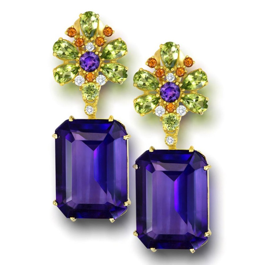 Earrings Alex Soldier | Gold Blossom Drop Earrings With Amethyst & Peridot