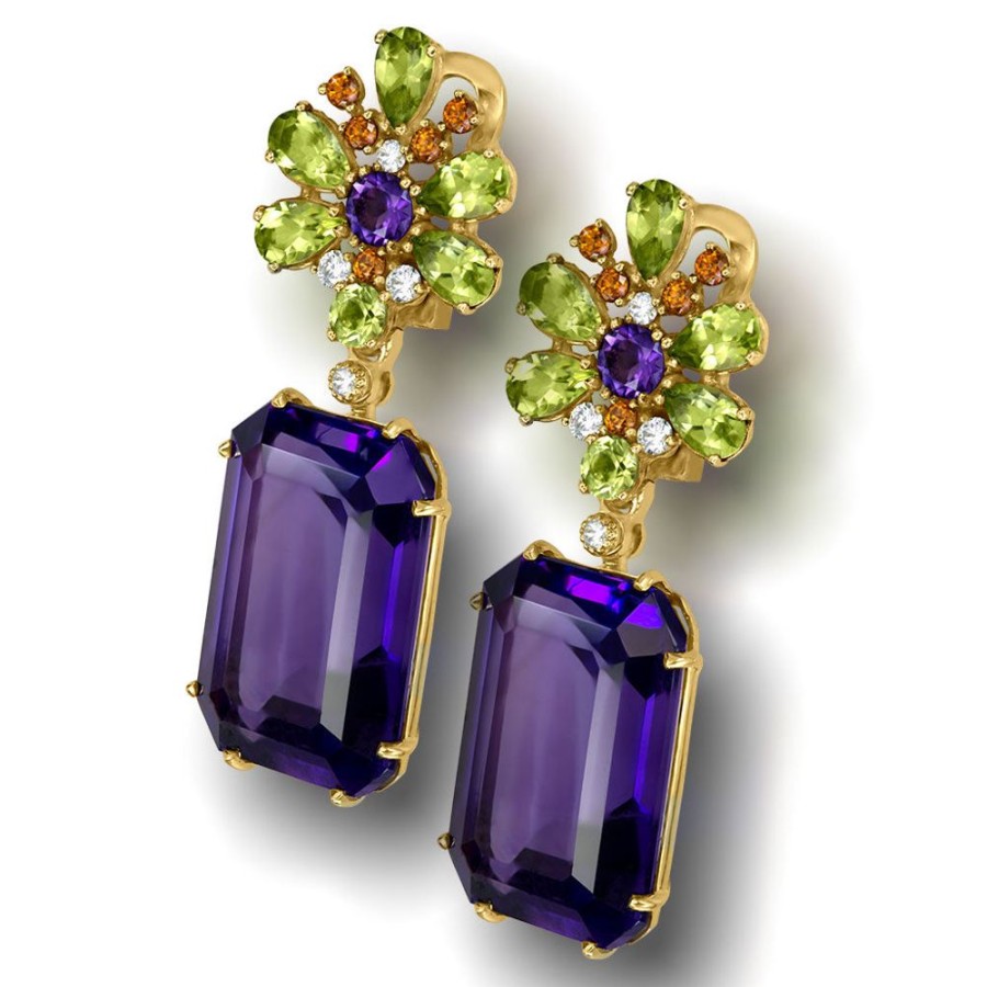 Earrings Alex Soldier | Gold Blossom Drop Earrings With Amethyst & Peridot