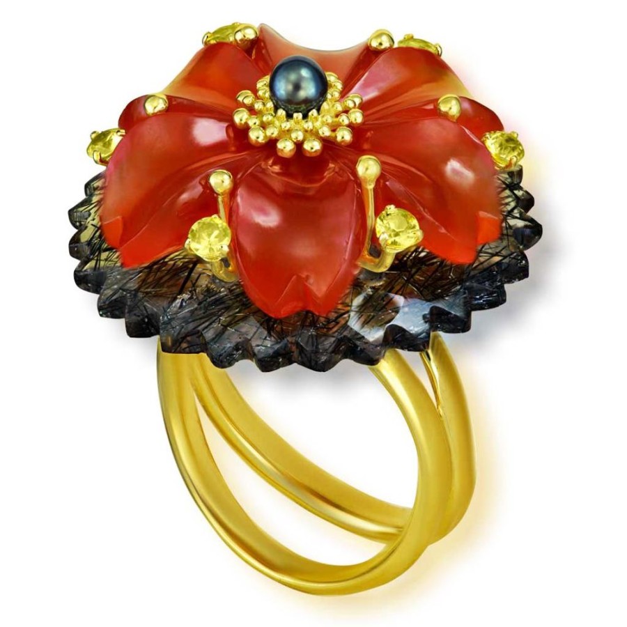 Rings Alex Soldier | Gold Blossom Ring With Carnelian & Rutilated Quartz