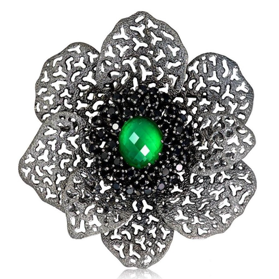 Brooches Alex Soldier | Silver Coronaria Brooch/Pendant With Oval Green Agate