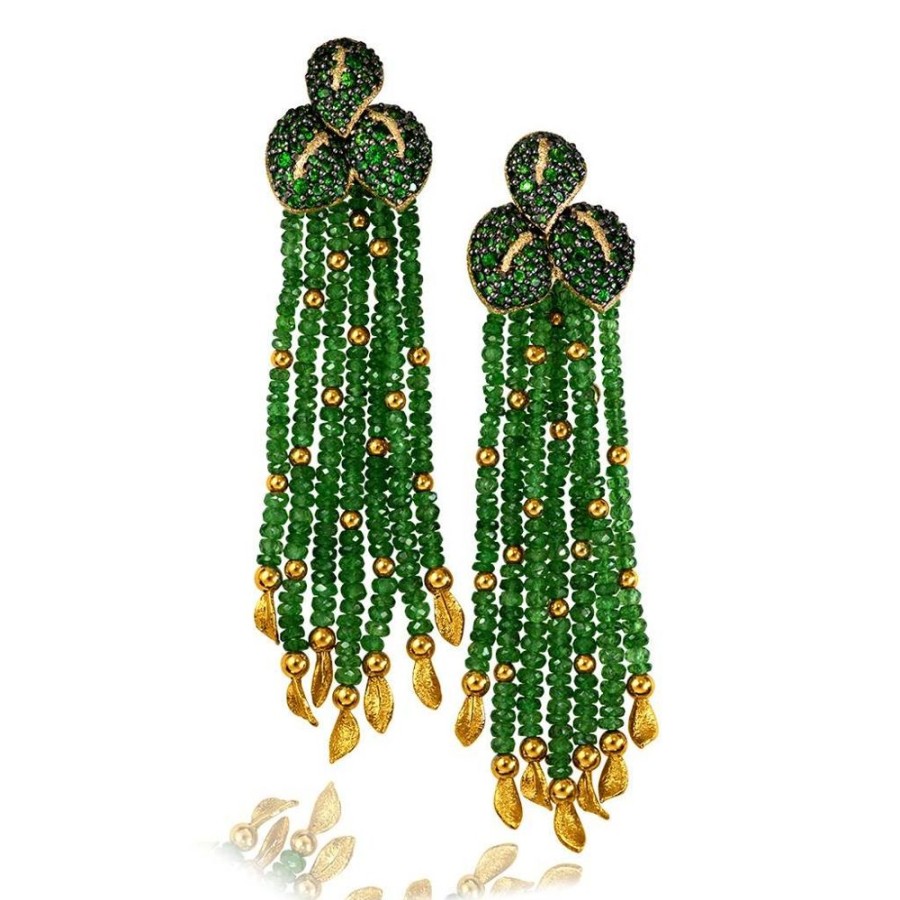 Earrings Alex Soldier | Gold Sunflower Leaf Tassel Earrings With Tsavorites