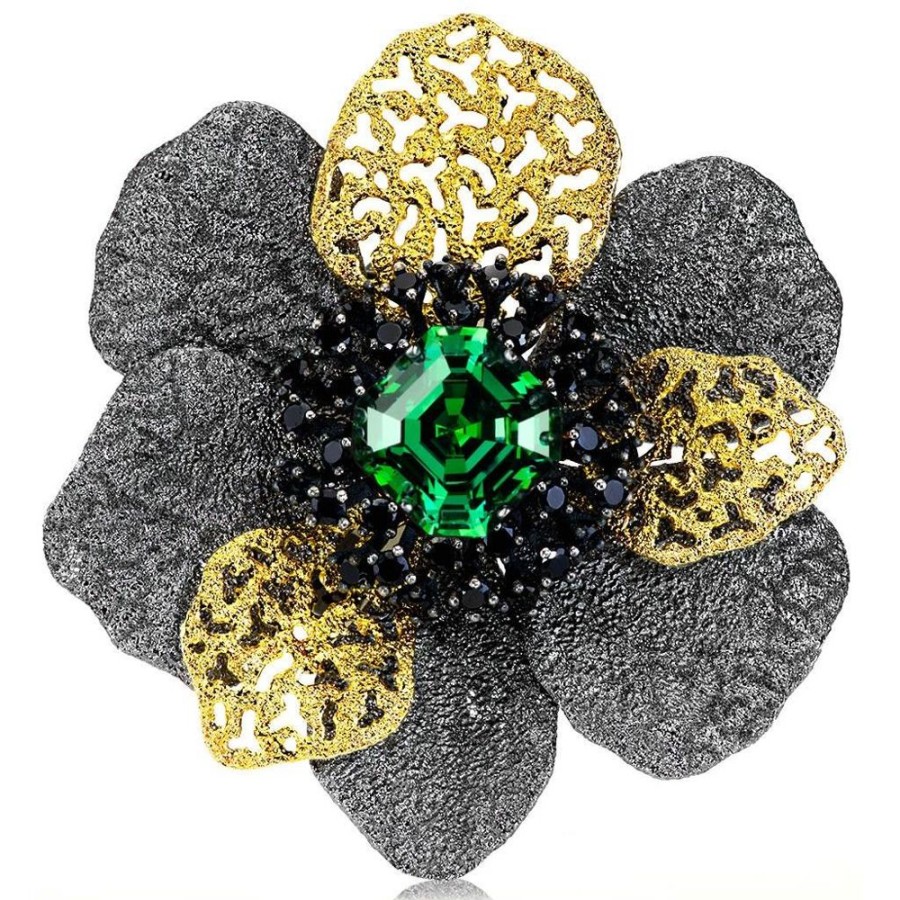 Brooches Alex Soldier | Silver Coronaria Brooch/Pendant With Green Crystal