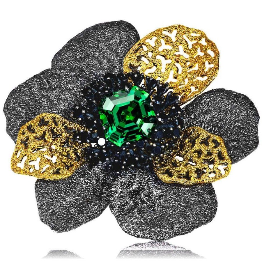 Brooches Alex Soldier | Silver Coronaria Brooch/Pendant With Green Crystal