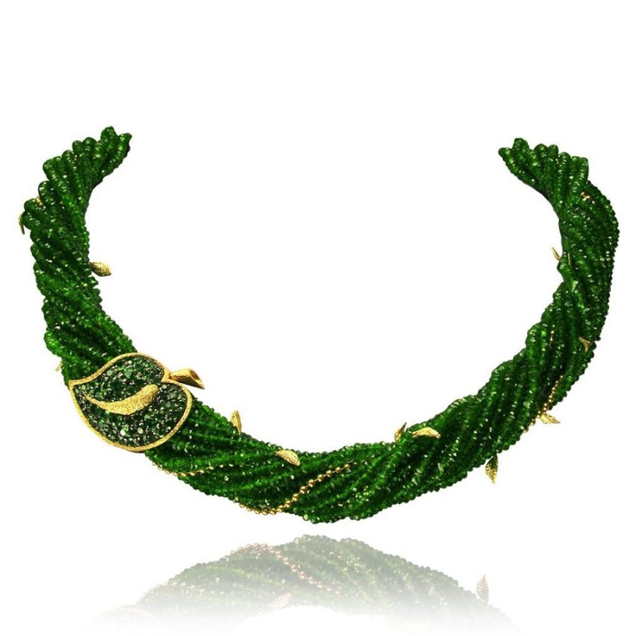 Gemstone Jewelry Alex Soldier | Gold Sunflower Leaf Necklace With Chrome Diopside