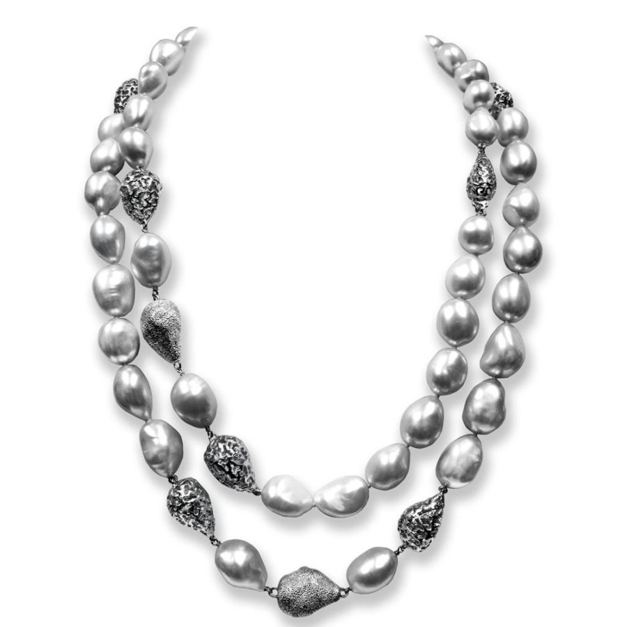 Necklaces Alex Soldier | Silver Meteorite Necklace With Light Grey Pearls