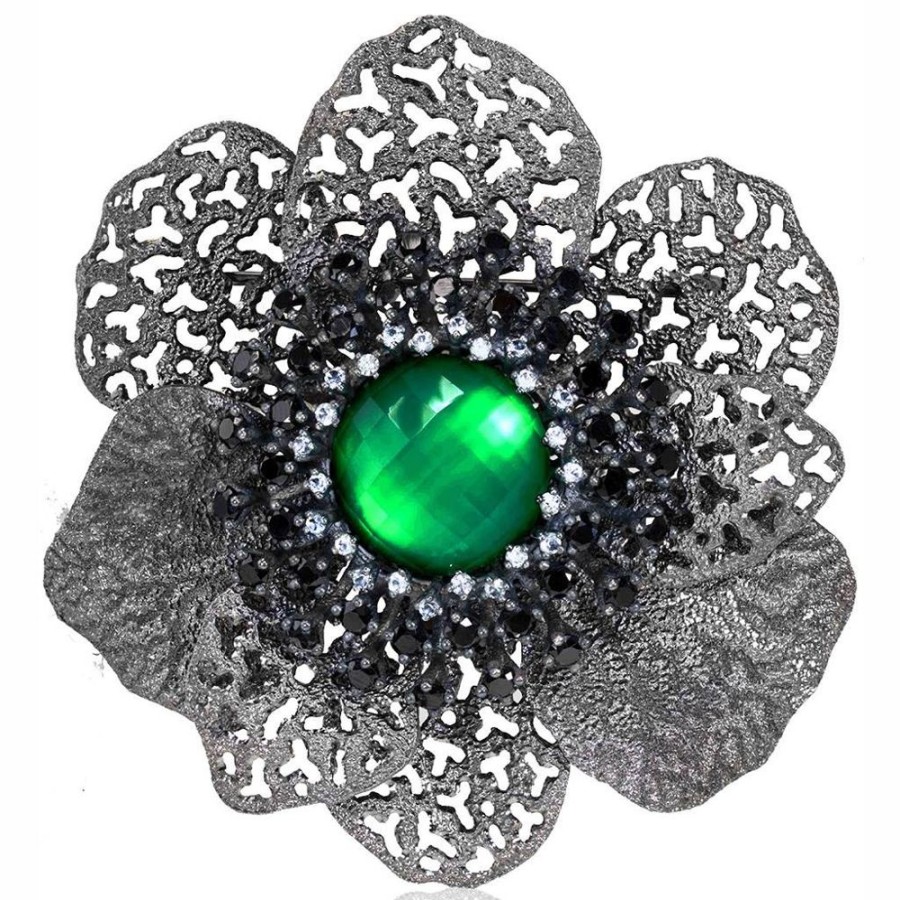 Brooches Alex Soldier | Silver Coronaria Brooch/Pendant With Round Green Agate