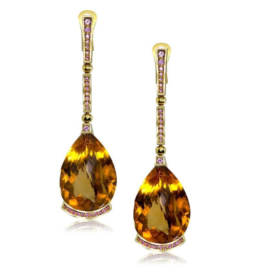 Earrings Alex Soldier | Gold Swan Drop Earrings With Honey Citrine & Sapphires