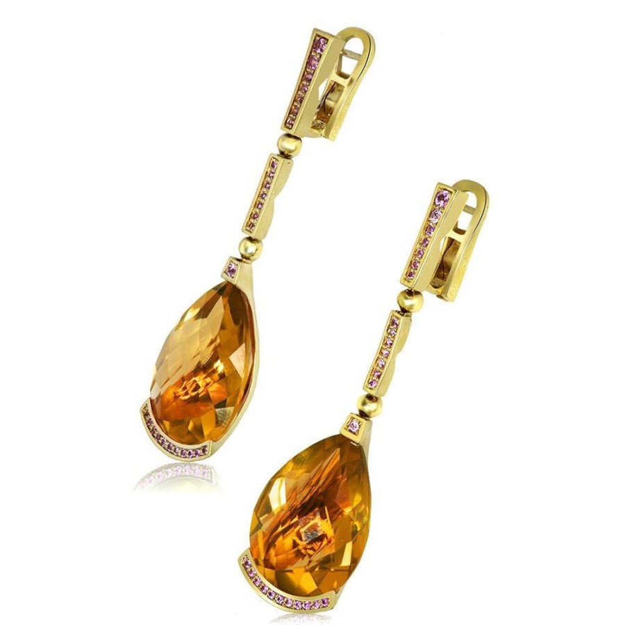 Earrings Alex Soldier | Gold Swan Drop Earrings With Honey Citrine & Sapphires