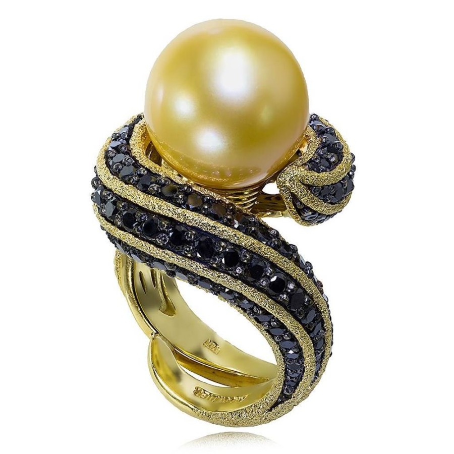 Rings Alex Soldier | Gold Twist Ring With Golden Pearl & Diamonds