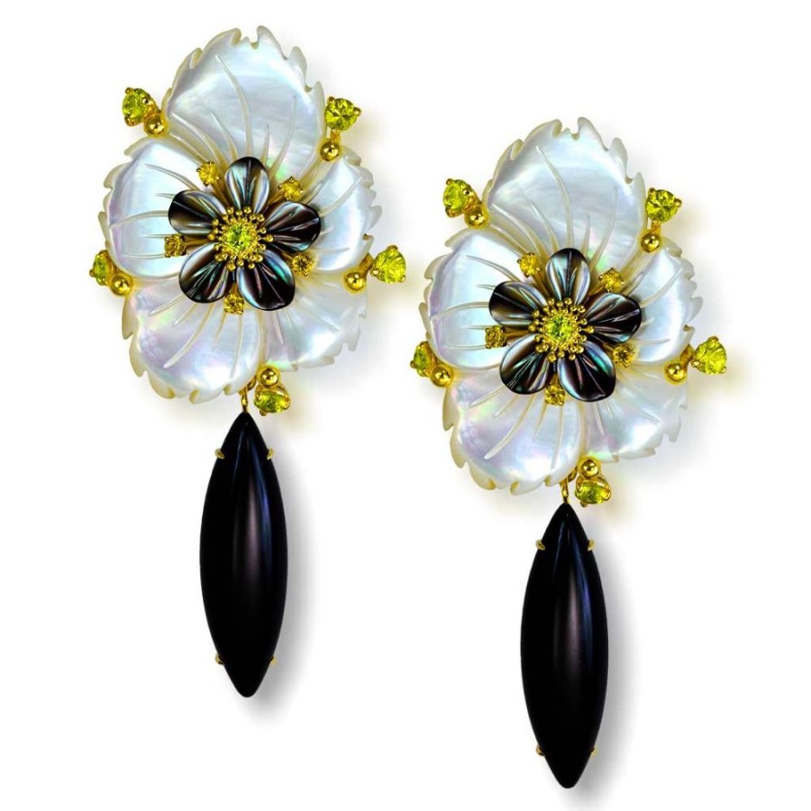 Earrings Alex Soldier | Blossom Convertible Earrings With Carved Mother Of Pearl & Onyx