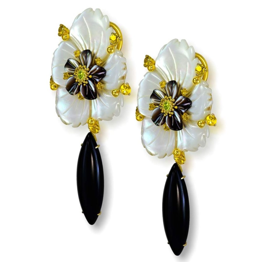 Earrings Alex Soldier | Blossom Convertible Earrings With Carved Mother Of Pearl & Onyx