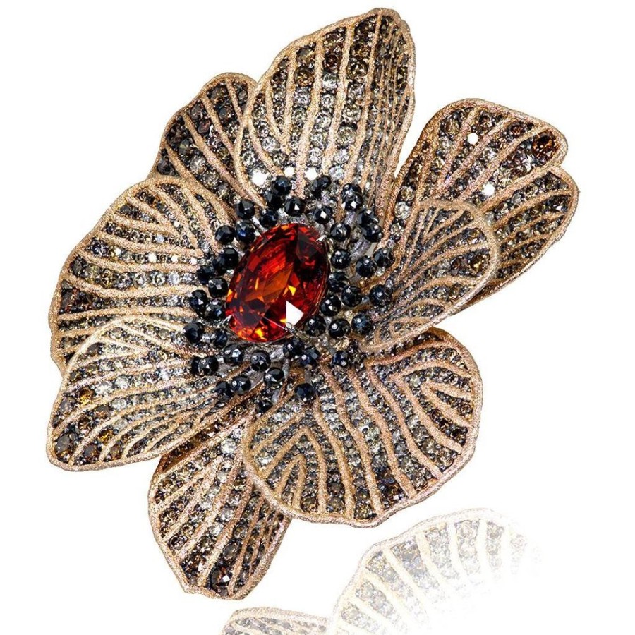 Brooches Alex Soldier | Gold Coronaria Brooch With Mandarin Garnet & Diamonds