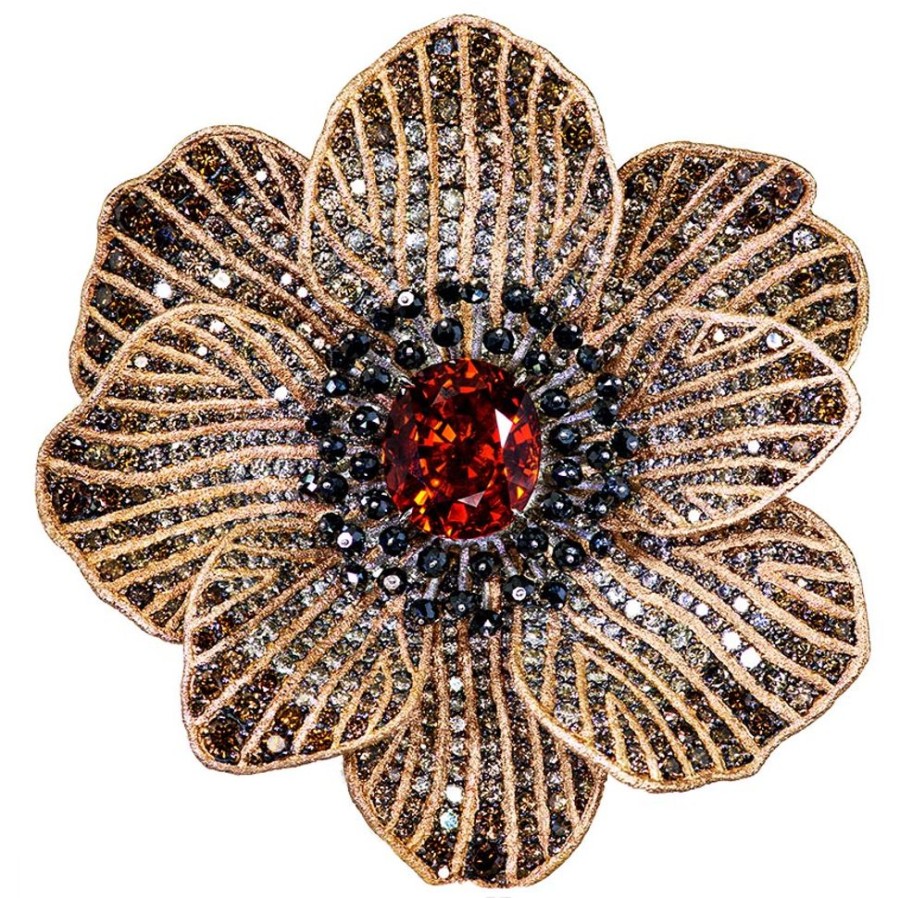 Brooches Alex Soldier | Gold Coronaria Brooch With Mandarin Garnet & Diamonds