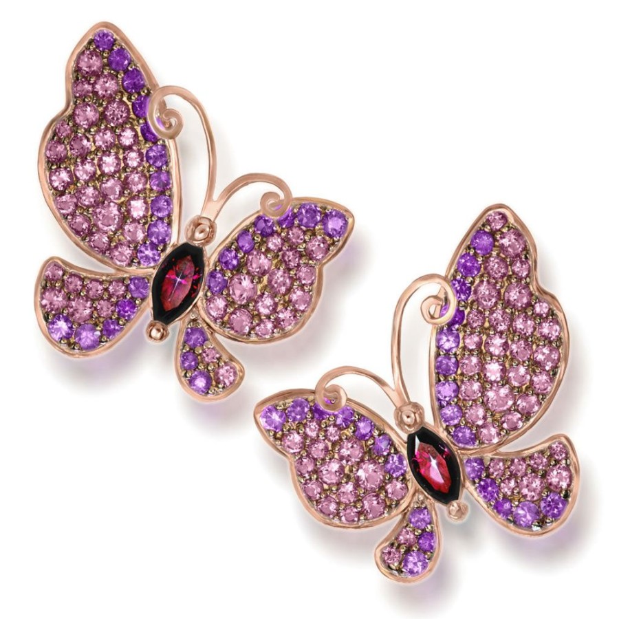 Earrings Alex Soldier | Gold Butterfly Earrings With Garnets & Sapphires