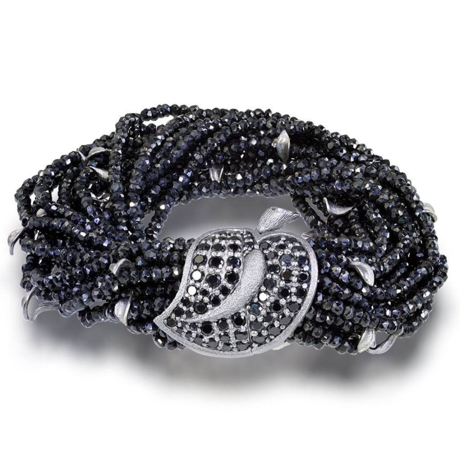 Bracelets Alex Soldier | Silver Sunflower Leaf Bracelet With Black Spinel