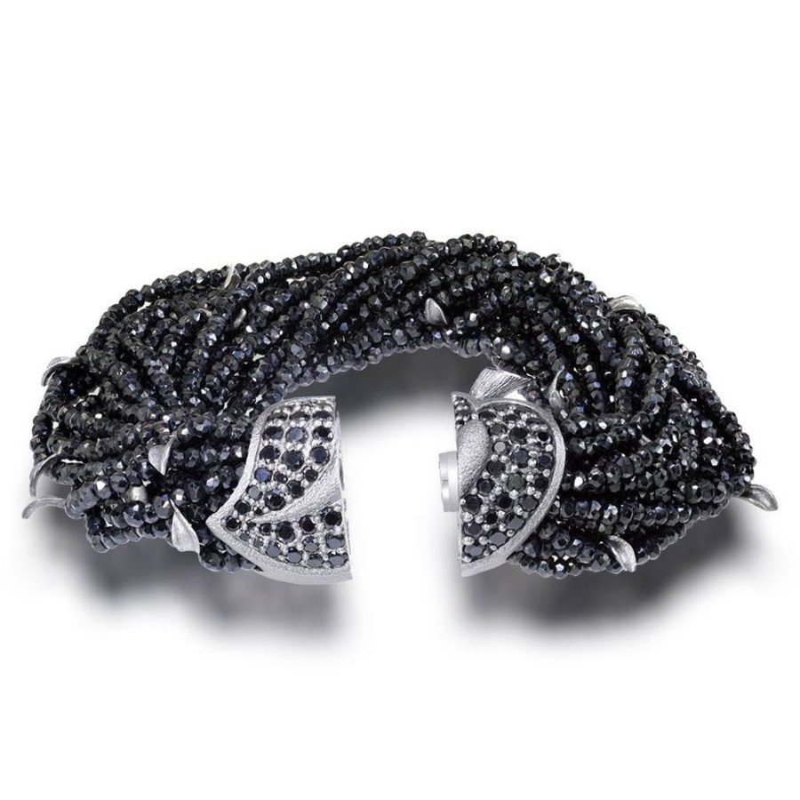 Bracelets Alex Soldier | Silver Sunflower Leaf Bracelet With Black Spinel