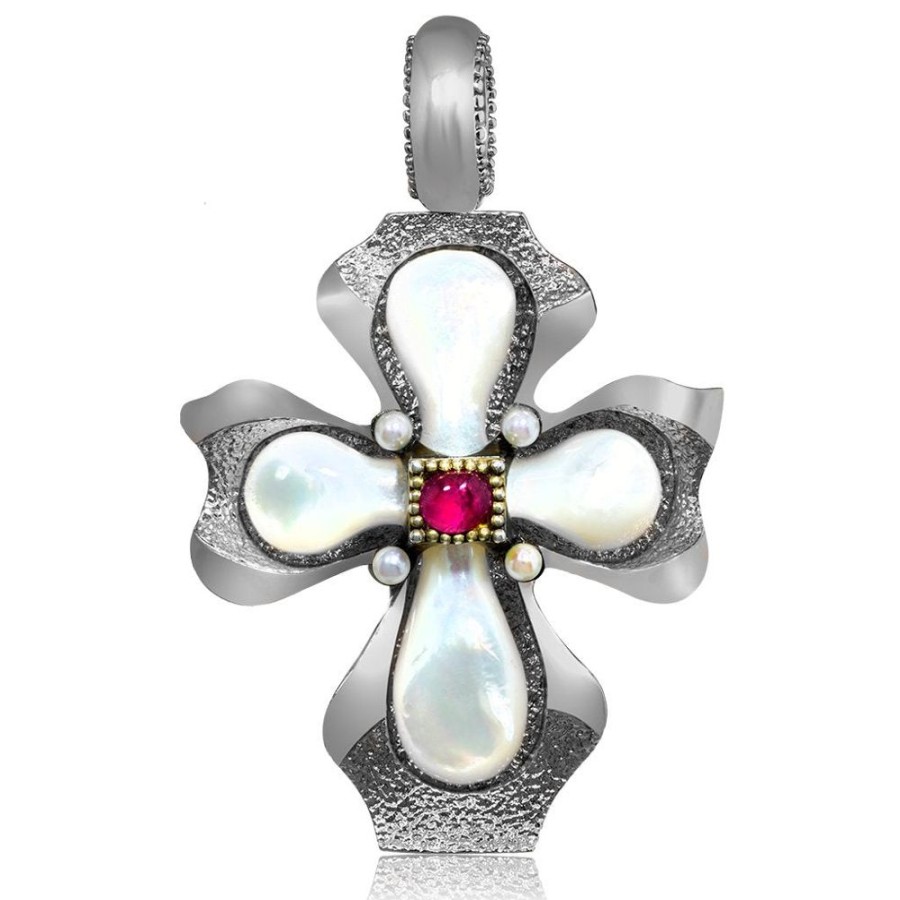 For Men Alex Soldier | Silver Cross Pendant With Mother Of Pearl And Ruby