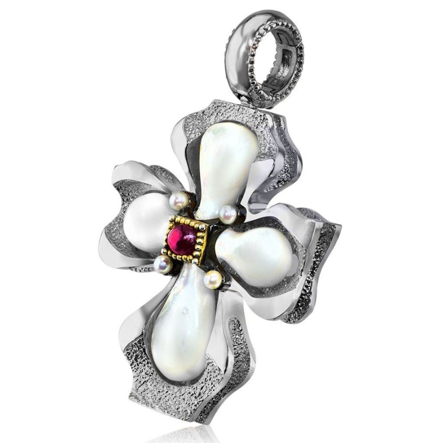 For Men Alex Soldier | Silver Cross Pendant With Mother Of Pearl And Ruby