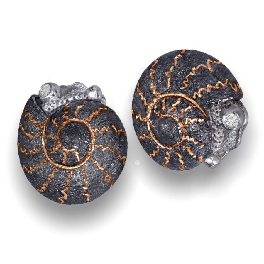 Earrings Alex Soldier | Blackened Gold Baby Snail Earrings With White Diamonds