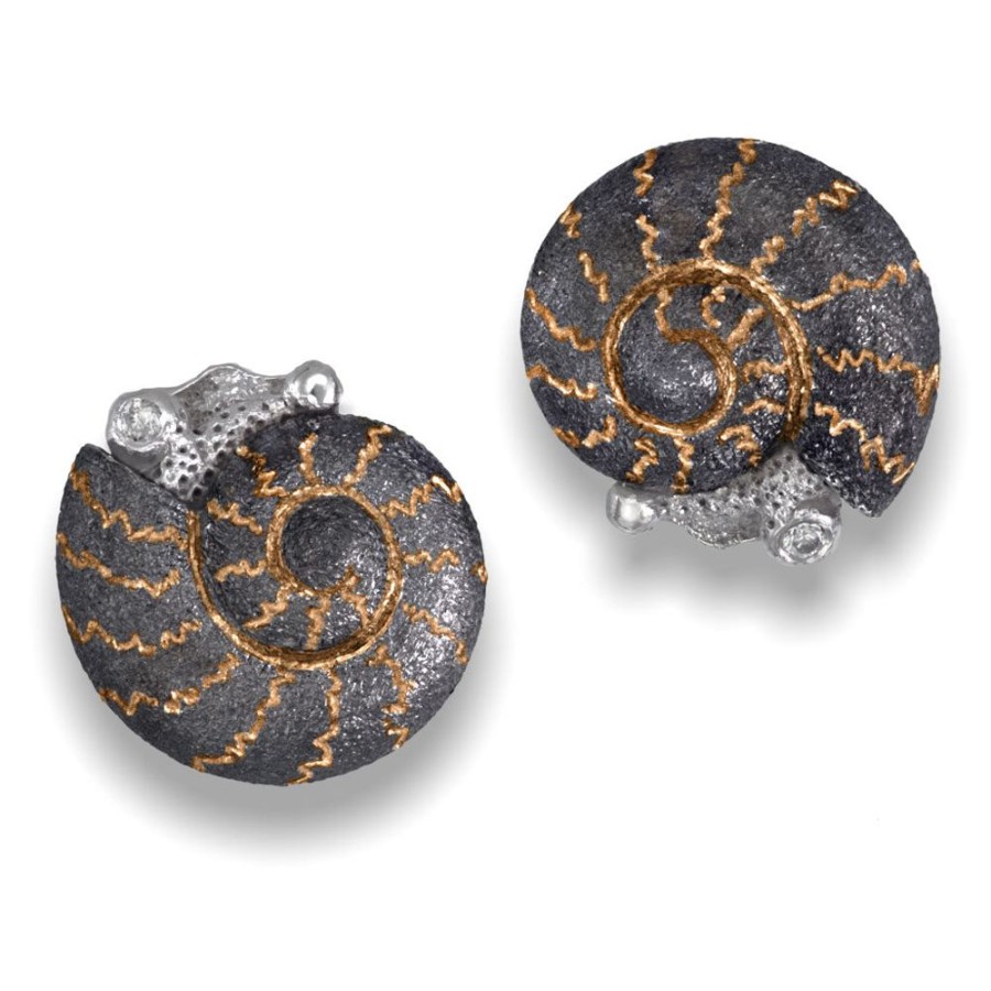 Earrings Alex Soldier | Blackened Gold Baby Snail Earrings With White Diamonds