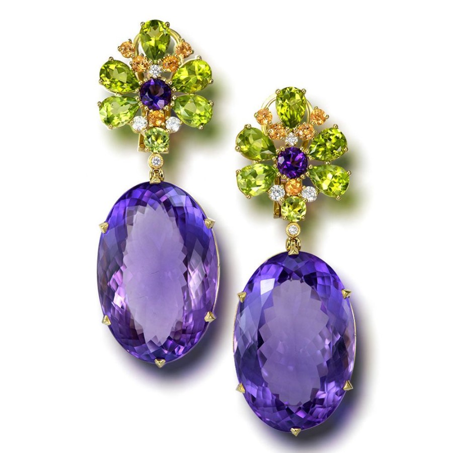 Earrings Alex Soldier | Gold Blossom Drop Earrings With Oval Amethyst & Peridot