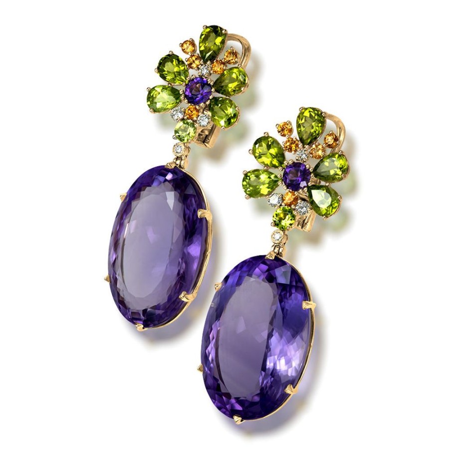 Earrings Alex Soldier | Gold Blossom Drop Earrings With Oval Amethyst & Peridot