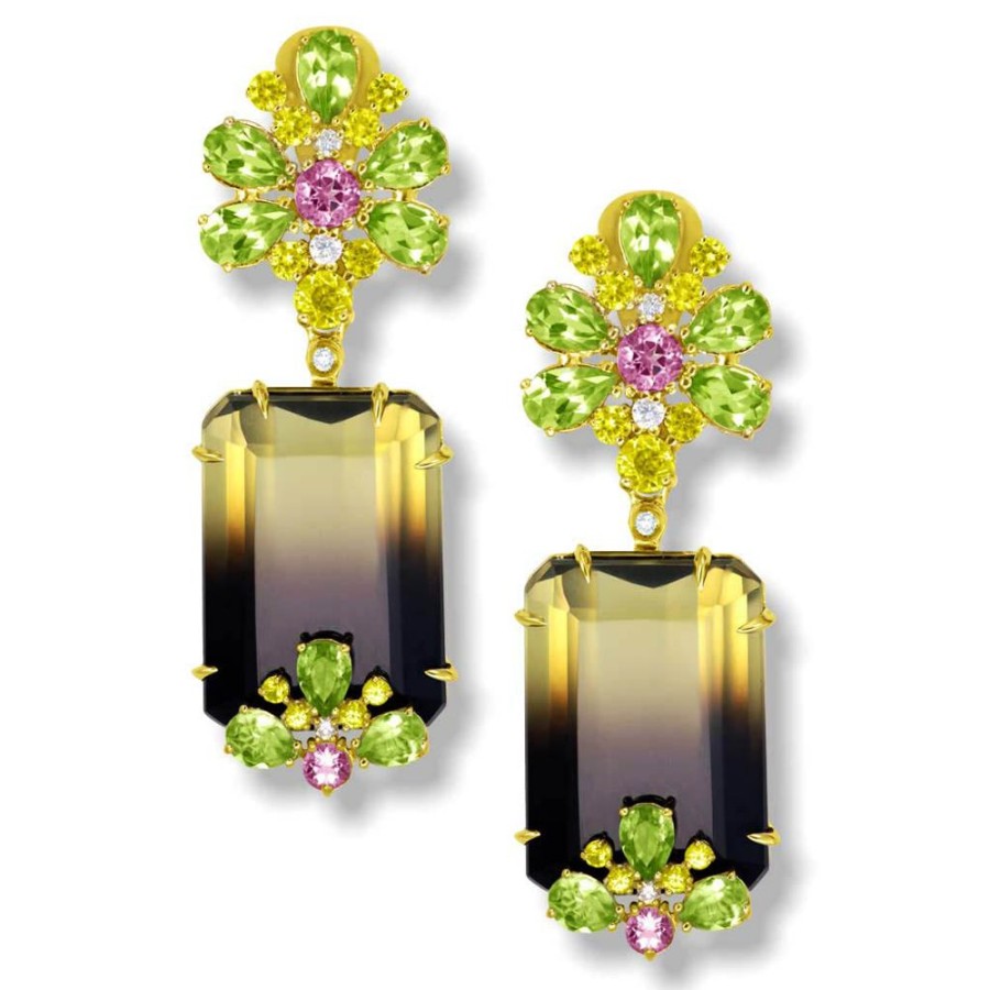 Earrings Alex Soldier | Gold Blossom Earrings With Quartz, Peridot & Sapphire