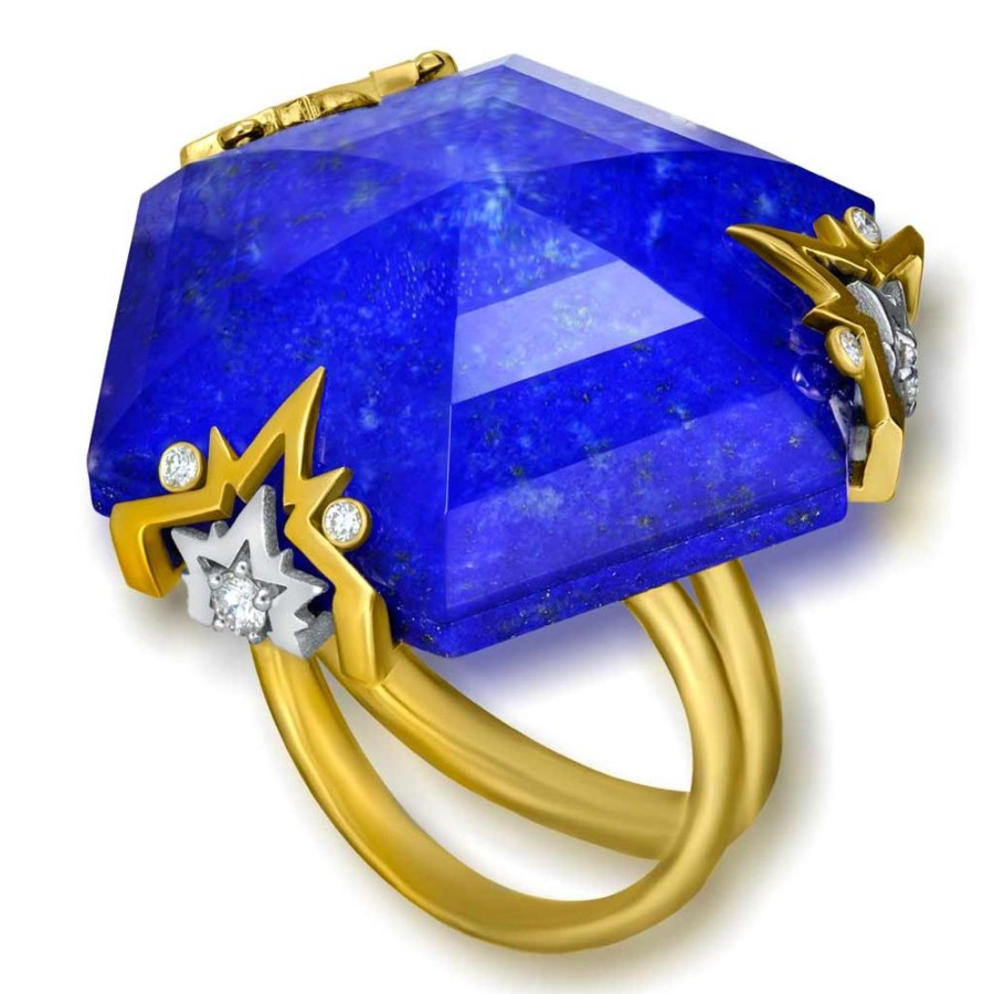 Rings Alex Soldier | Gold Denim Ring With Lapis Lazuli & Diamonds