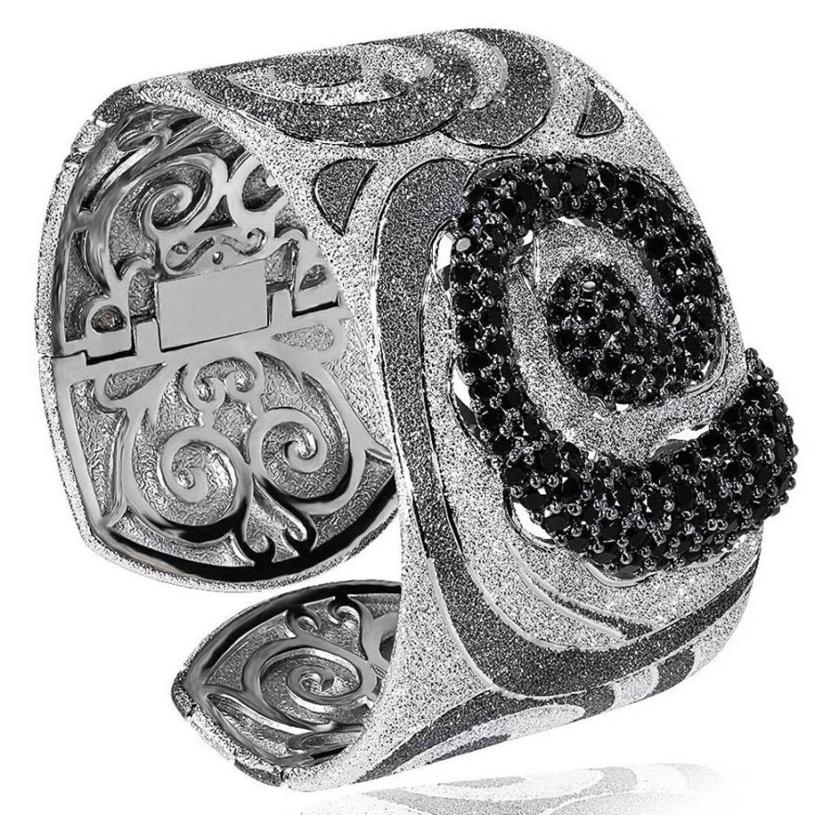 Bracelets Alex Soldier | Silver Swirl Pattern Cuff Bracelet With Black Spinel