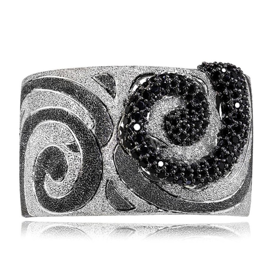 Bracelets Alex Soldier | Silver Swirl Pattern Cuff Bracelet With Black Spinel