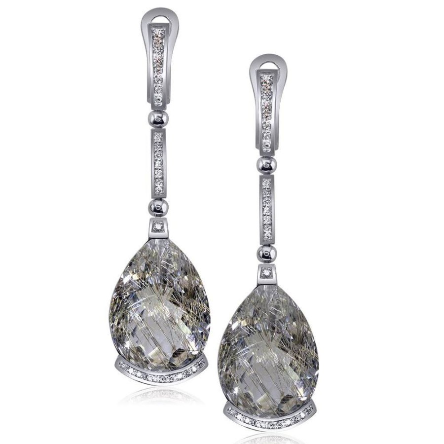 Earrings Alex Soldier | Gold Swan Drop Earrings With Rutilated Quartz & Diamond