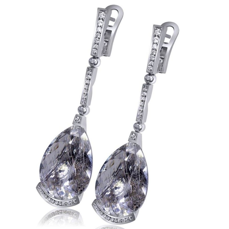 Earrings Alex Soldier | Gold Swan Drop Earrings With Rutilated Quartz & Diamond