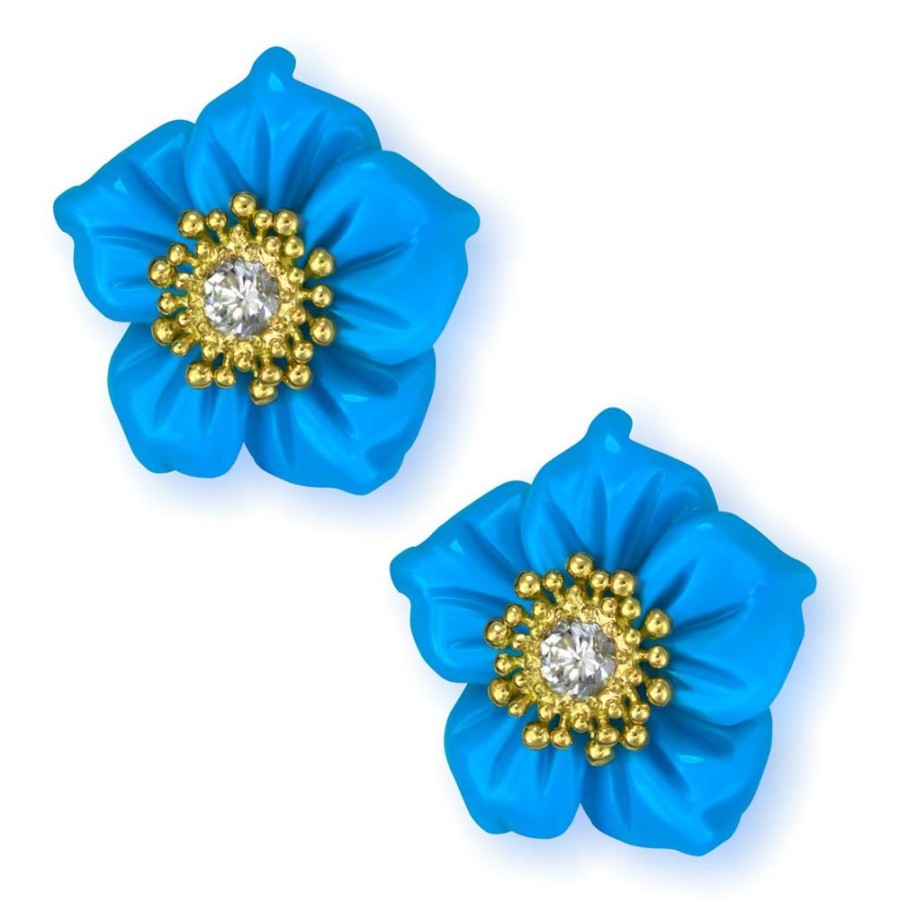 Earrings Alex Soldier | Gold Baby Blossom Earrings With Carved Turquoise & Topaz