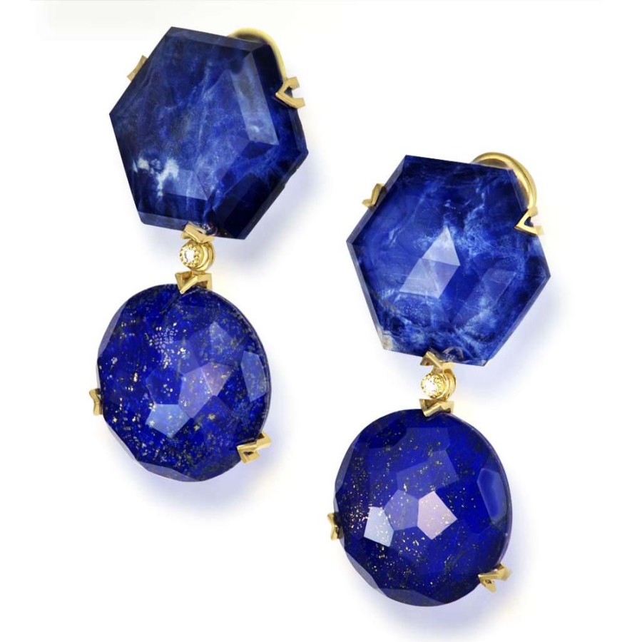 Earrings Alex Soldier | Gold Denim Drop Earrings With Lapis Lazuli & Diamonds