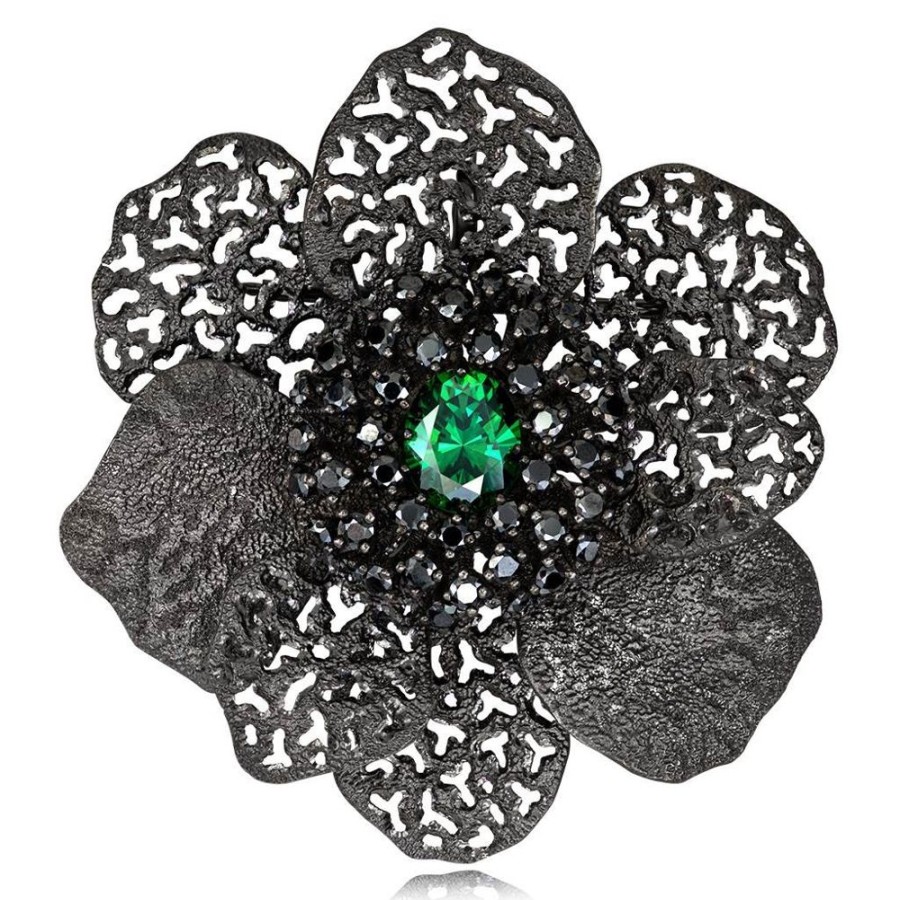 Brooches Alex Soldier | Silver Coronaria Brooch/Pendant With Green Oval Crystal