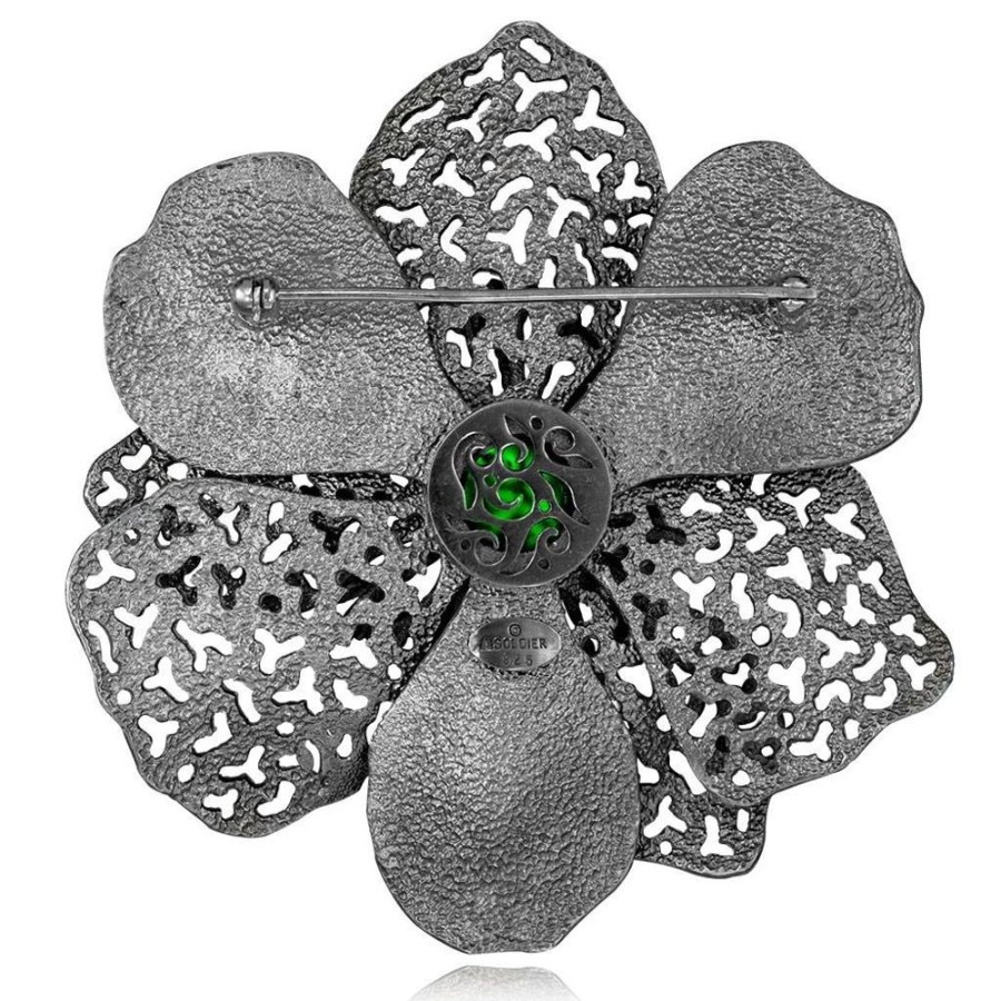 Brooches Alex Soldier | Silver Coronaria Brooch/Pendant With Green Oval Crystal