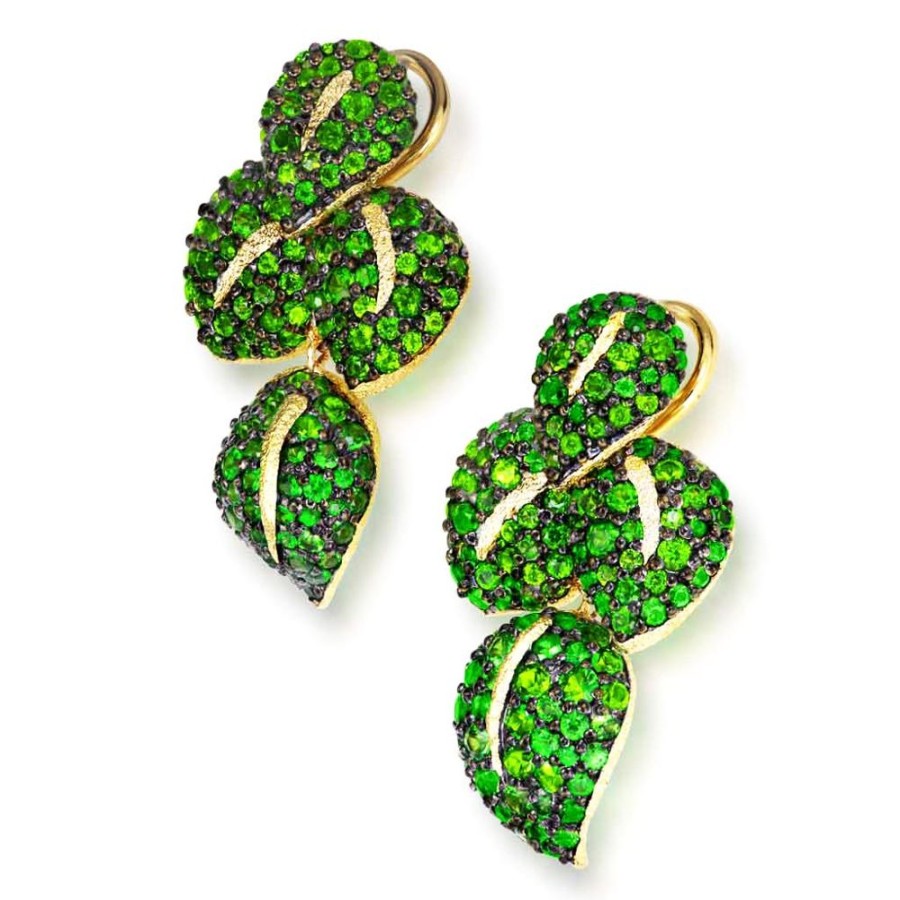 Earrings Alex Soldier | Gold Sunflower Green Leaf Earrings